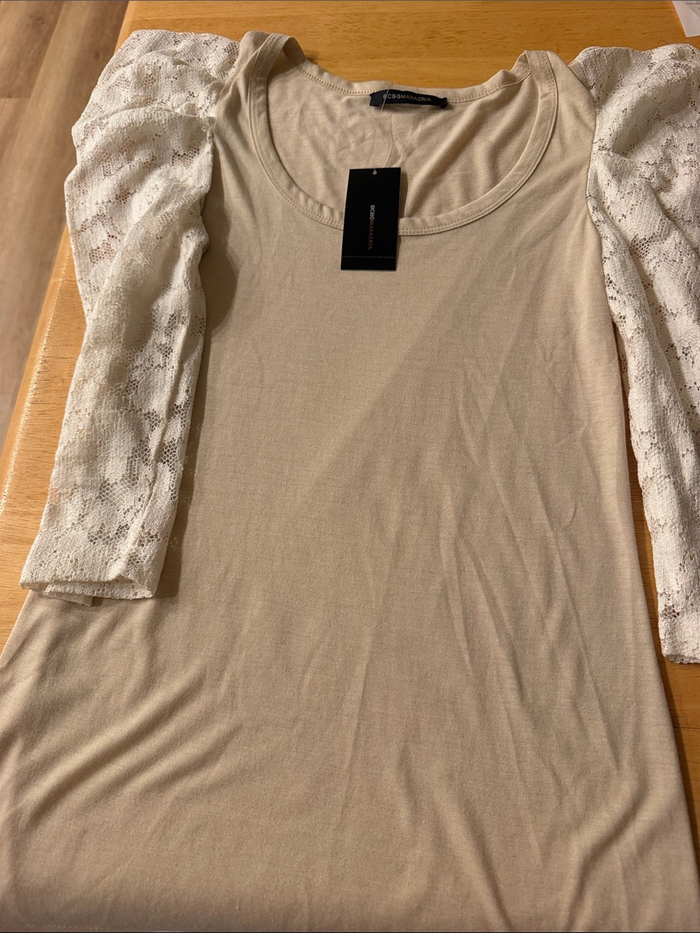 BCBGMaxAzria Cream Scoop Neck Knit Top with Lace Sleeves